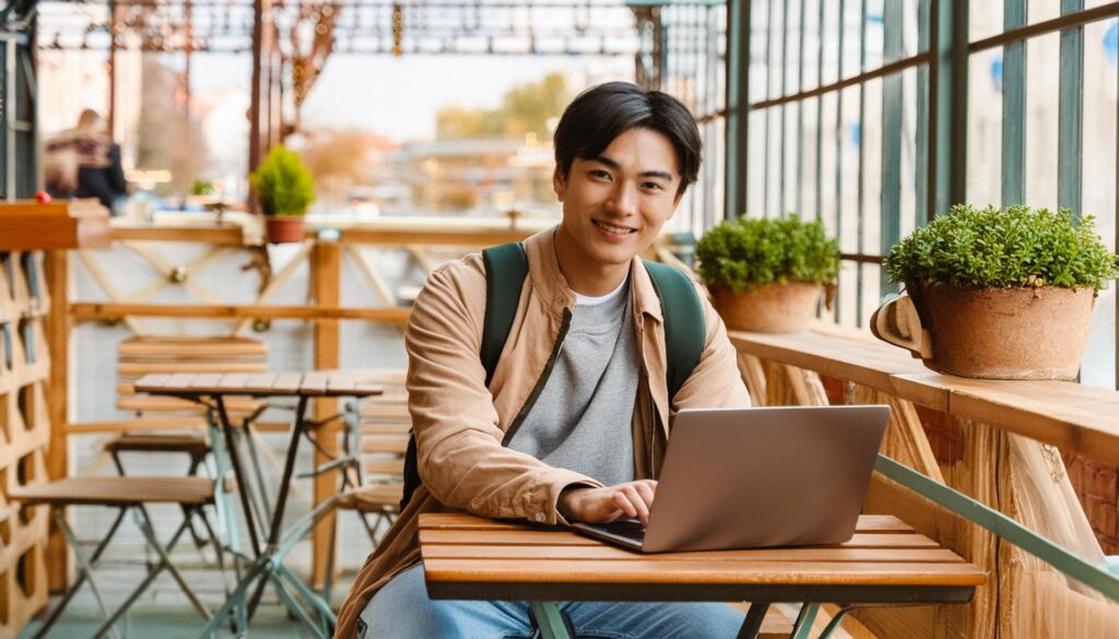 カフェで仕事をする男性