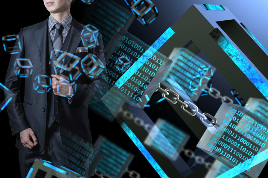 ビジネスマンとブロックチェーンコンセプト