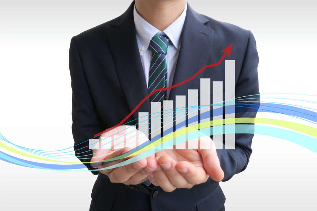 ビジネスマンと業績アップグラフとラインウェーブ白背景