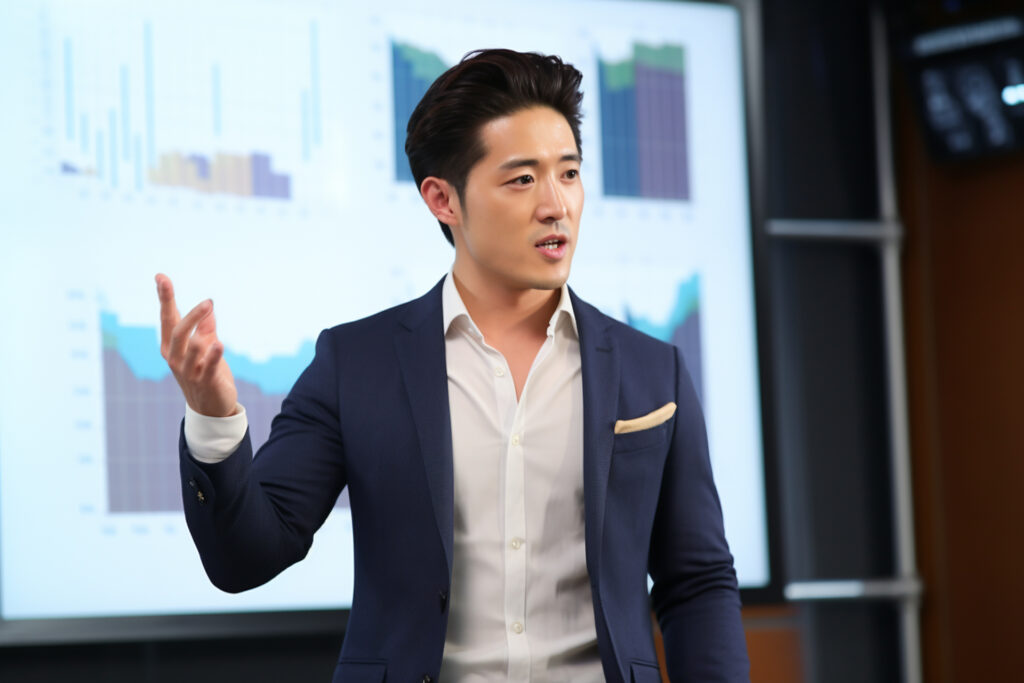 オフィスでプレゼンテーションをする男性