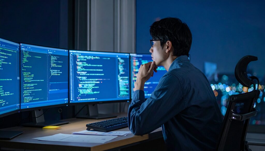 深夜に作業をする若い日本人エンジニア