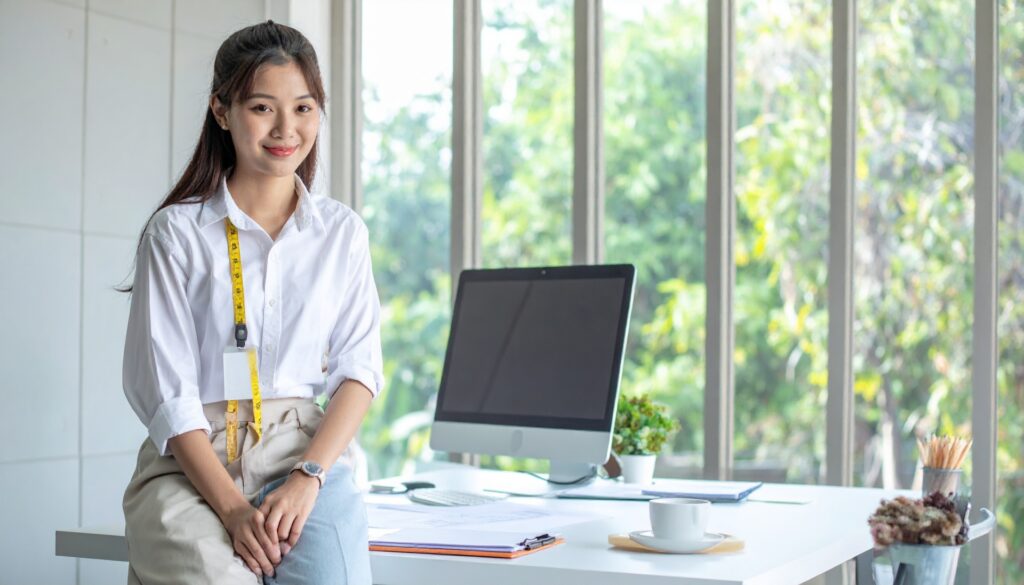 オフィスの若い日本人女性エンジニア