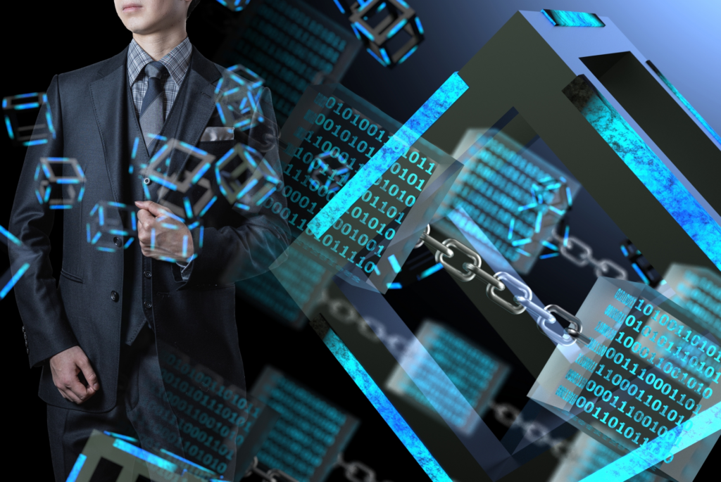 ビジネスマンとブロックチェーンコンセプト